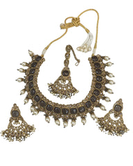 Grey - Large Size Antique Gold Finish Necklace Set with Earrings - PSC469  KV 0424