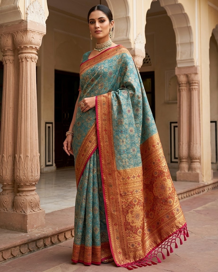 Turquoise - Traditional Handloom Saree with Blouse Piece - UK stock - 24hr Dispatch - SP2626 TV
