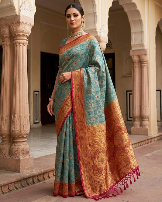 Turquoise - Traditional Handloom Saree with Blouse Piece - UK stock - 24hr Dispatch - SP2626 TV