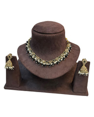 Black - Medium Size Antique Gold Finish Necklace Set with Earrings - RAK375 Pp