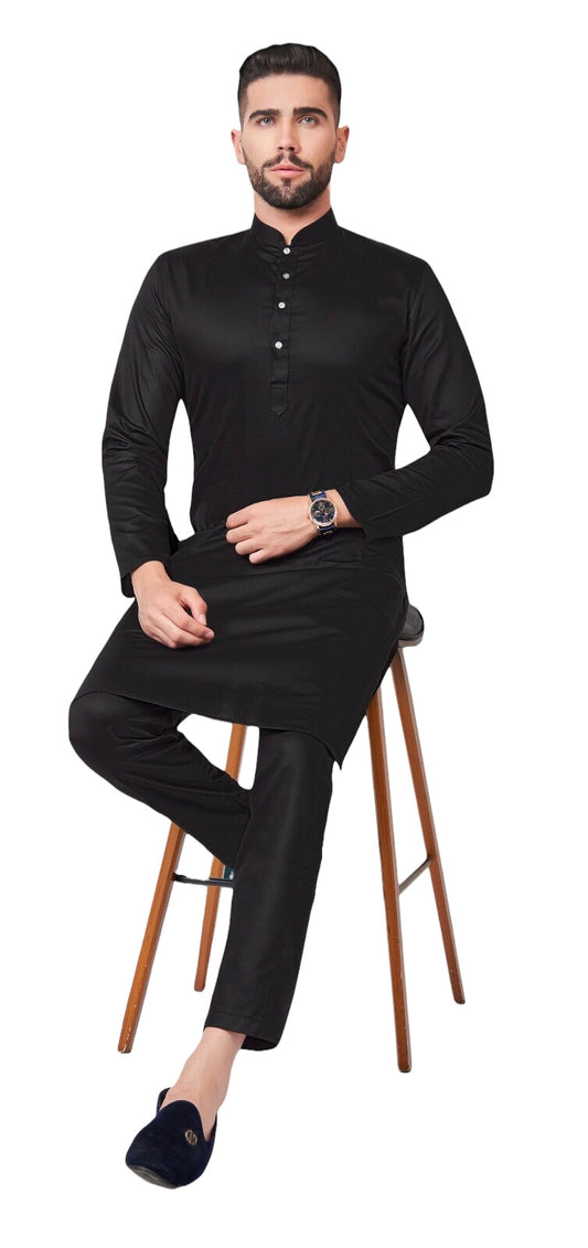 Leather Cotton Mens Indian Kurta set in Black - for Sangeet, Mehndi, Eid Celebration (with smart trousers) - Farishta KP