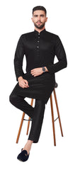 Leather Cotton Mens Indian Kurta set in Black - for Sangeet, Mehndi, Eid Celebration (with smart trousers) - Farishta KP