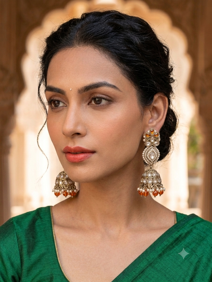 Orange & Pearl Tiered Jhumka Earrings - Bollywood - Weddings - 6JE135 09A26
