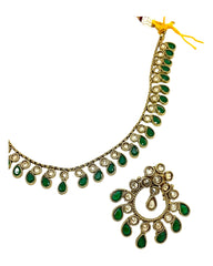 Green - Small Size Antique Gold Finish Necklace Set with Earrings - Bollywood - AE2519 08C25