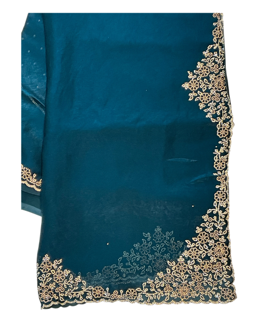 Teal - Rich Saree with Stone Work Border and Blouse Piece - UK stock - 24hr Dispatch - RS2511 TA