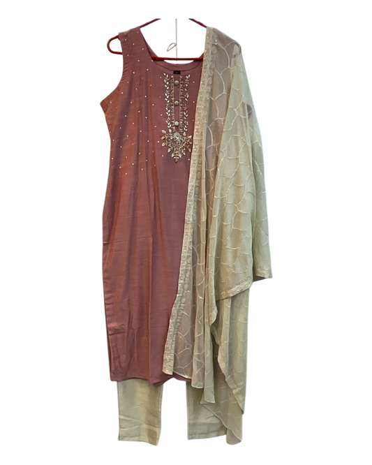 UK 14 / 40" - Dusty Pink - Silky Brocade Ladies Trousers Suit - Sangeet / Henna / Temple - OC815 VJ