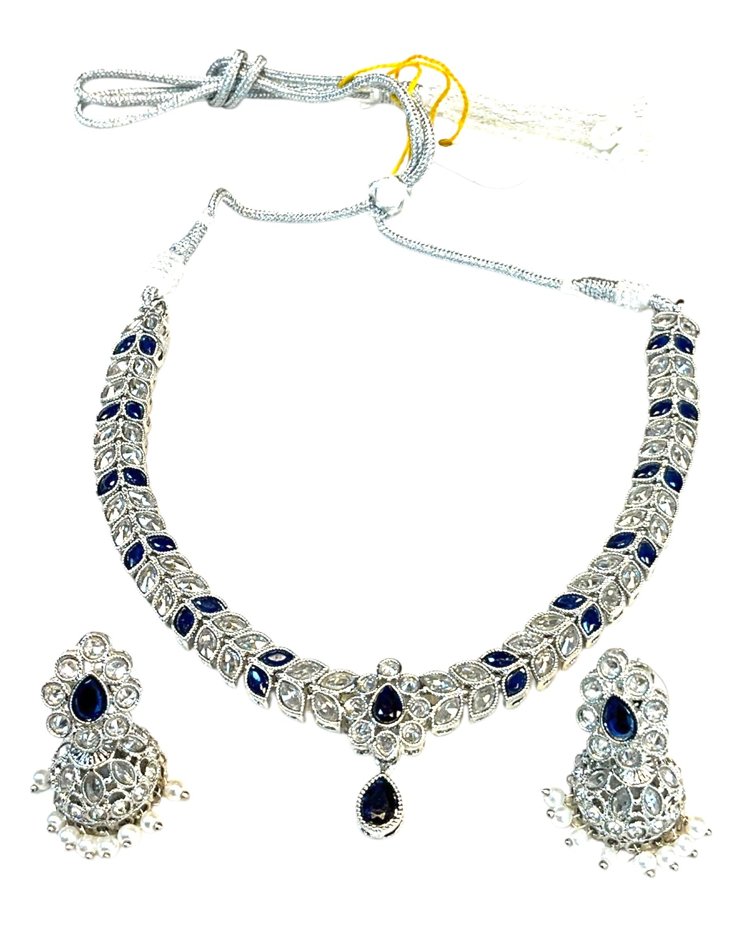 Navy Blue - Small Size Silver Finish Necklace Set with Earrings - SJ05 08C25