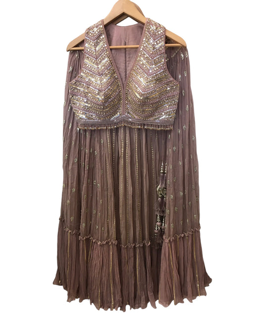 Dusty Pink - Designer Halter Neck Blouse, Chiffon Lehenga Set - Weddings , Sangeet,  Henna, Haldi - 24h Dispatch -ZC1333 KKP