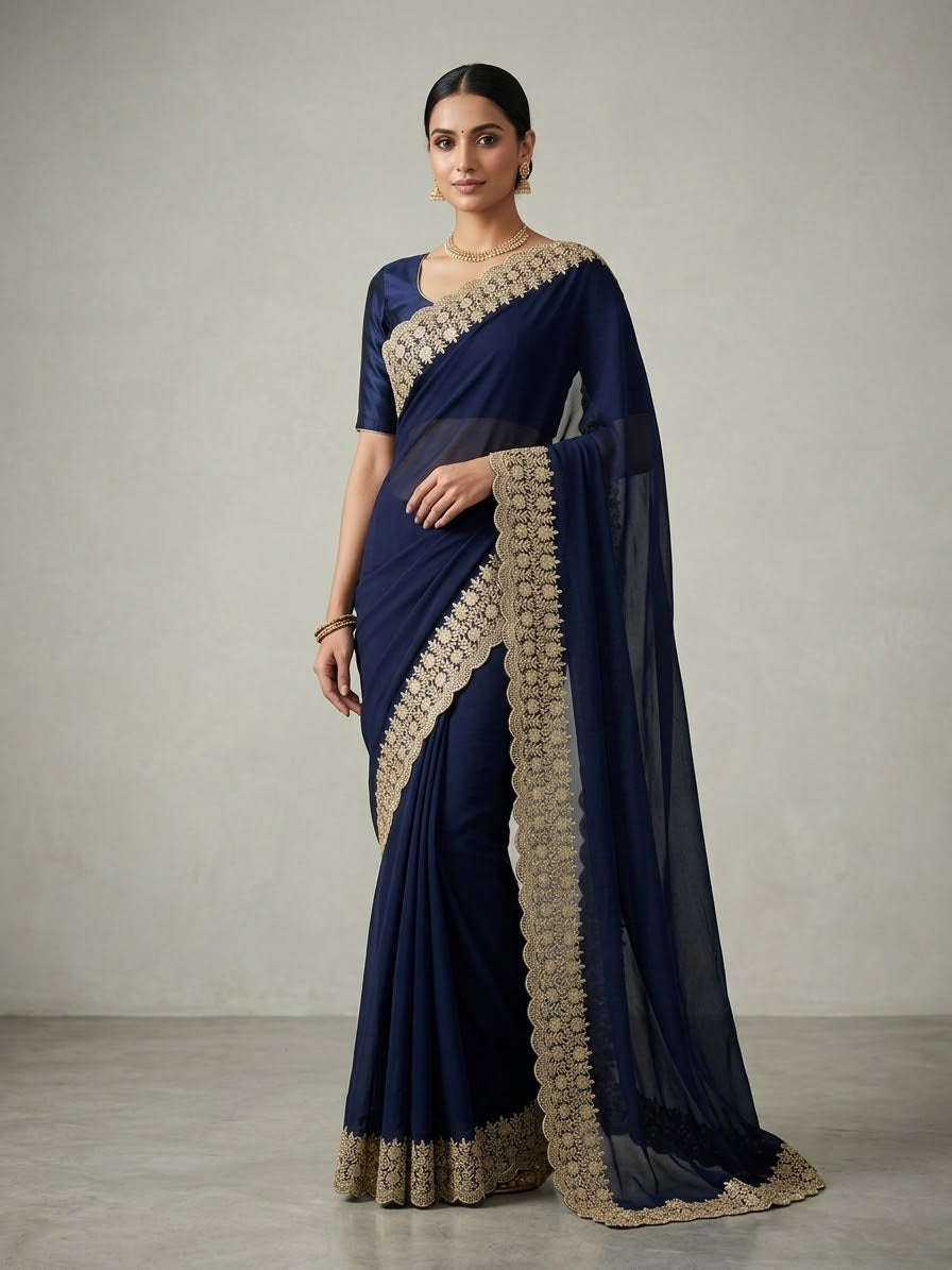 Navy Blue - Fancy Party Saree with Blouse Piece - UK stock - 24hr Dispatch - SP2604 KC