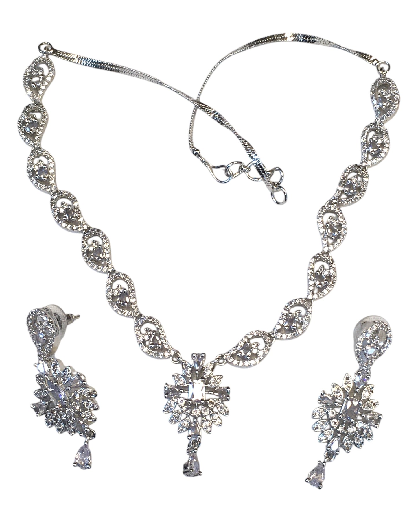 Clear - American Diamond Style Silver Finish Small Size Necklace Set with Earrings - AE2421 11R24