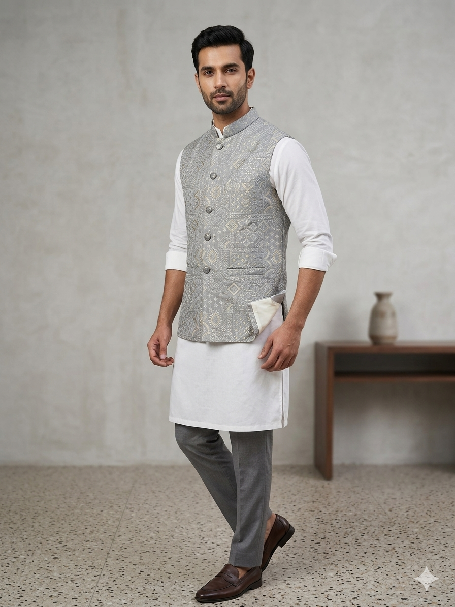 Silver Grey - Rich All Over Embroidered - Mens Indian Waistcoat - UK Stock - 24 hr Dispatch - KCS4088 06VV26