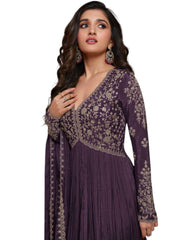 Chiffon - Purple Anarakali  Long Dress with Trousers - Size 14 (Bust 40