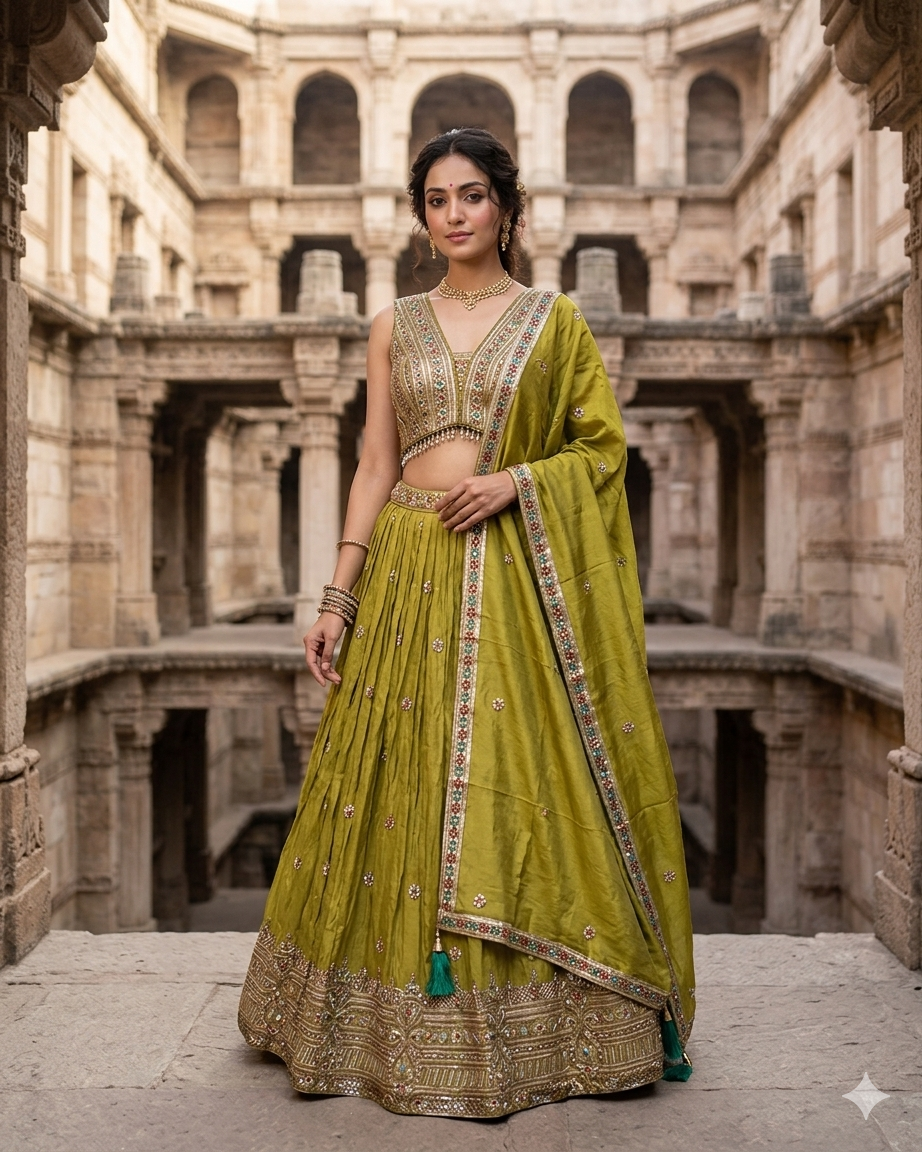 Size UK 14 (40" Bust) Adjustable to Size 16 - Olive Green - Banarasi Silky Lehenga Set - Mehndi / Sangeet / Bridesmaids / Weddings / Garba  - UK Stock - 24h Dispatch - JF7973 05JP26