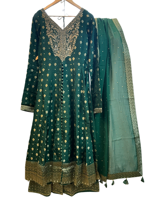 UK 10 / 36" - Forest Green - Designer Ladies Sharara / Palazzo / Anarkali Trousers Suit - UK Stock - Sangeet / Henna / Weddings - VMK Aradhya 04AY26