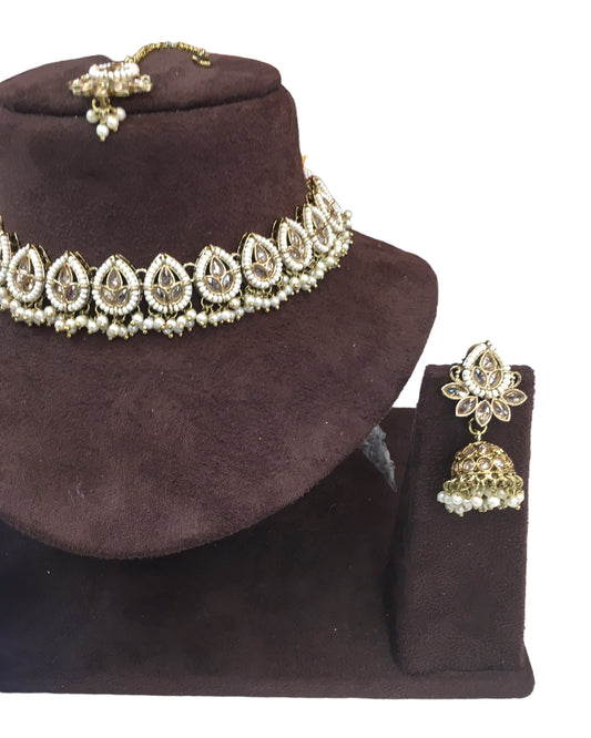 Gold / Neutral - Medium Size Antique Gold Finish Necklace Set with Earrings - RAK122  R 0424