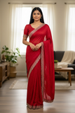 Red - Classic Satin Crepe Saree with Stone Work and Blouse Piece - UK stock - 24hr Dispatch - RS2533 VJ