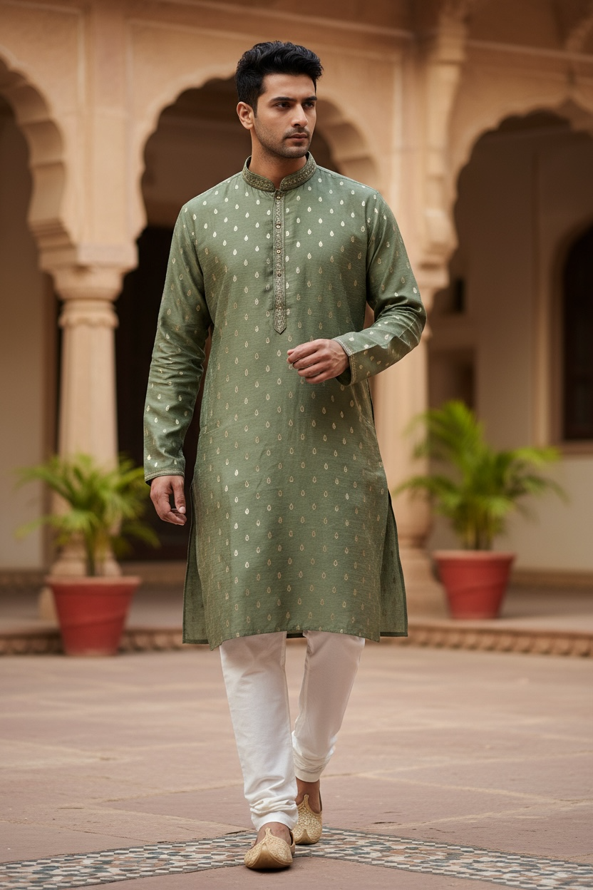Pista Green - Banarasi Handloom Mens Indian Kurta set - UK Stock - Weddings / Walimas , Sangeet, Diwali, Eid, Mehndi / Henna - VEE2562 VR