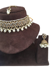 Gold - Medium Size Antique Gold Finish Choker Necklace Set with Earrings - RAK149  C 0424