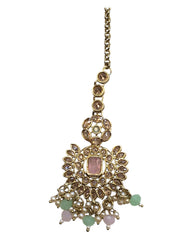 Pink / Sea Green - Large - Antique Gold Finish Traditional Tika Head piece - Bollywood - Weddings - PRI1773  11V24