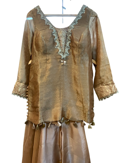 Size 12 (38") - Golden / Mustard Yellow - Designer Ladies Medium Top Palazzo Trousers Suit - VMK URSHITA RY