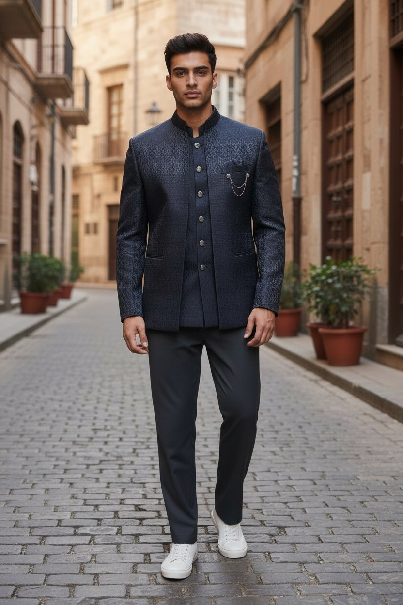 Navy Blue - PREMIUM Slim Fit Mens BandhGala / Prince / Chinese Collar Open Jacket with inside Waistcoat- Fantastic Fit - 01JT26 CS2601