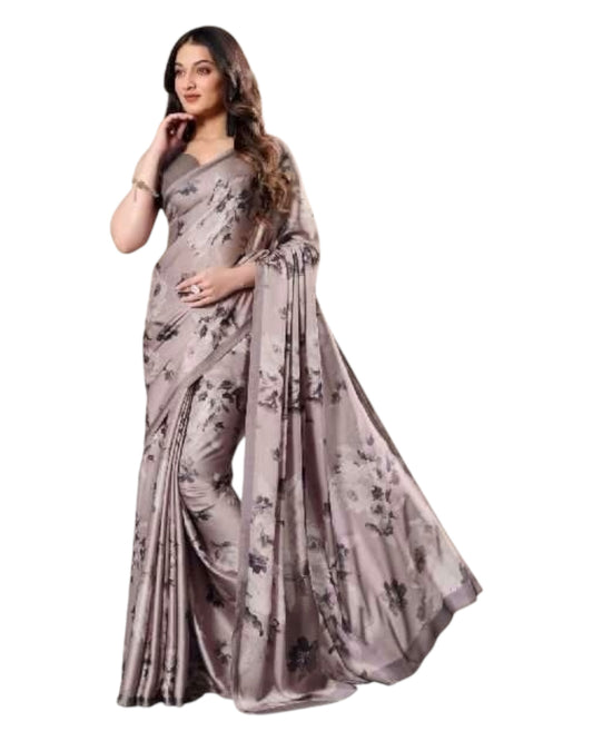 Grey - Floral Printed - Satin Finish Saree with Blouse Piece - SUSFEL19001B 10KJ25