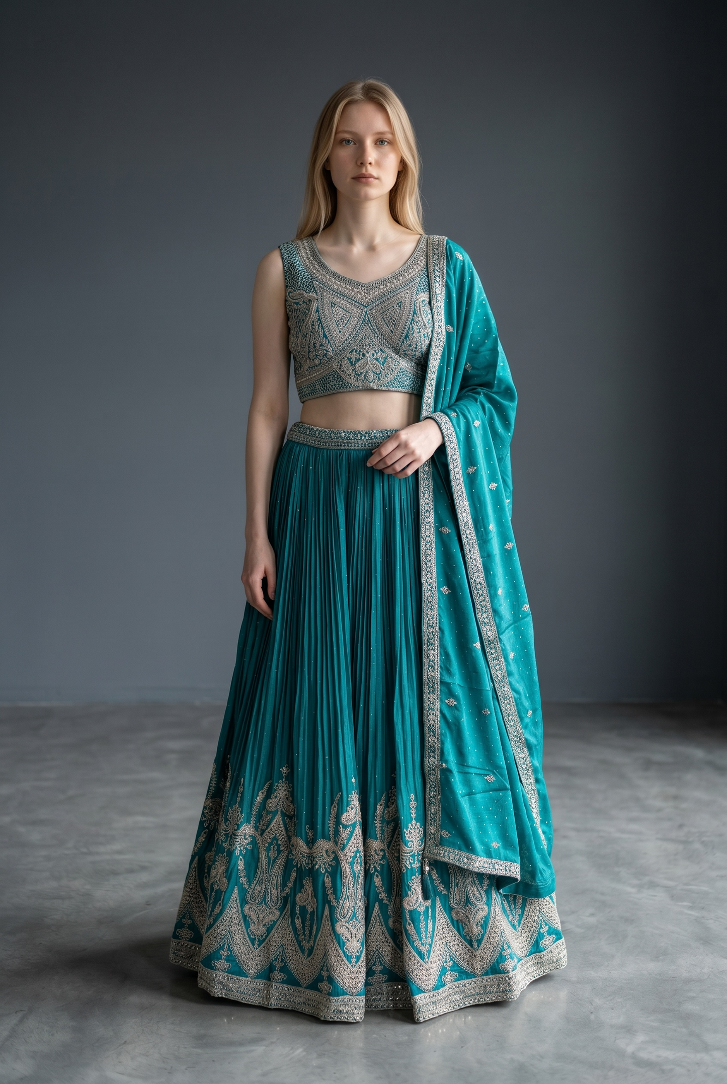 Size UK 12 (38" Bust) Adjustable to Size 14 - Turquoise - Silky Lehenga Set - Mehndi / Sangeet / Bridesmaids / Weddings / Garba  - UK Stock - 24h Dispatch - JF3349 05PA26