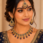 Navy Blue - Large Size Antique Gold Finish Necklace Set with Earrings - AV7787  11KK24