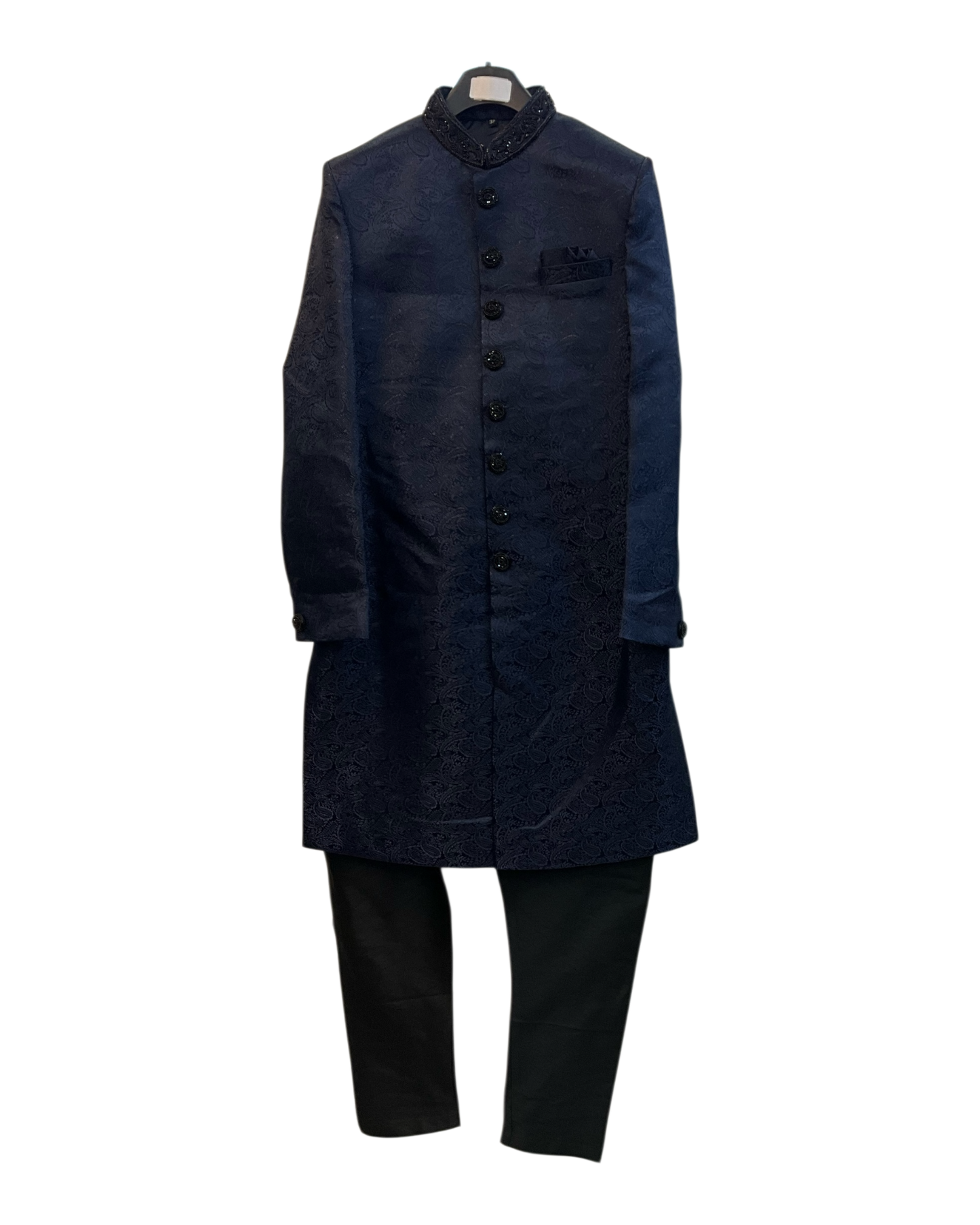 Navy Blue - Rich Banarasi Brocade - Sherwani with Black Hand Embroidery - BS1025 02RP26
