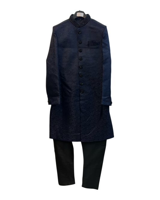 Navy Blue - Rich Banarasi Brocade - Sherwani with Black Hand Embroidery - BS1025 02RP26