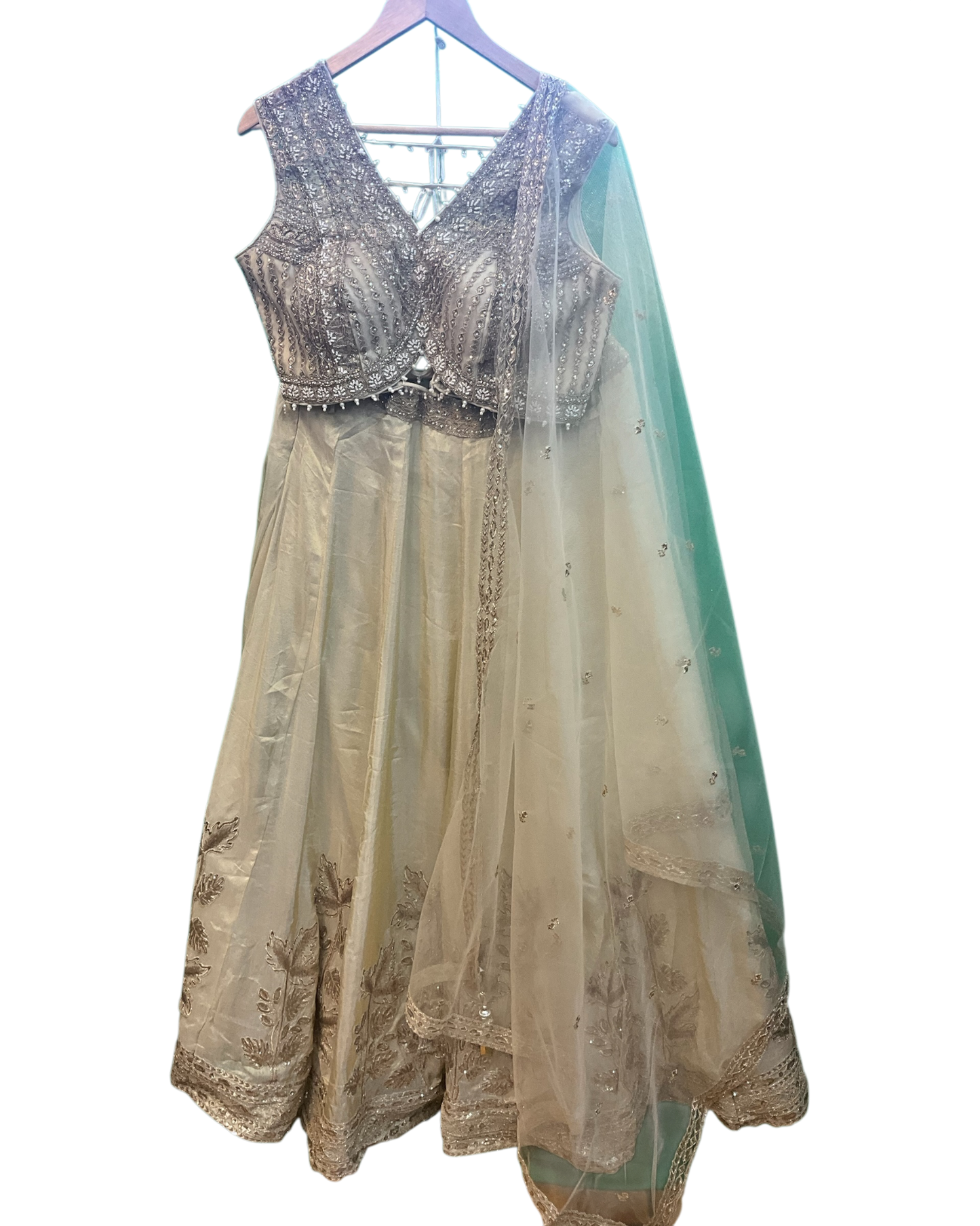 Size UK 12 (38" Bust) Adjustable to Size 14 - Light Gold - Silky Lehenga Set - Mehndi / Sangeet / Bridesmaids / Weddings / Garba  - UK Stock - 24h Dispatch - KM- Malakh 07JR26