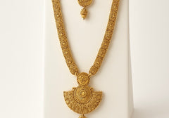 Gold Finish Temple - Medium Size Antique Gold Finish Long Necklace Set with Earrings - AE2510 KY 0525
