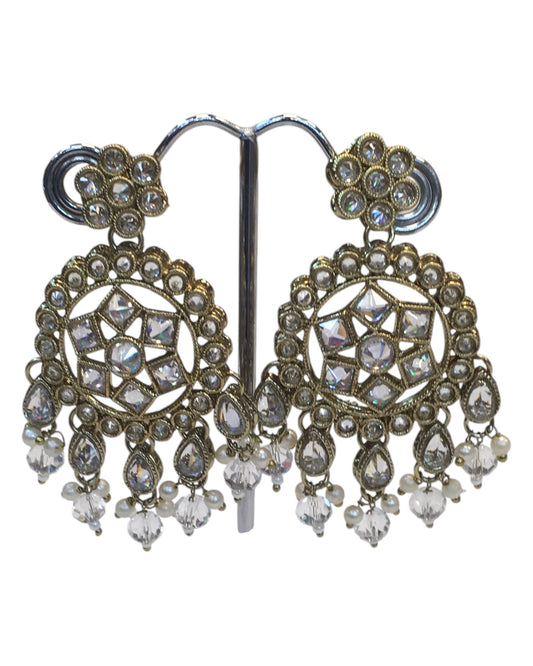 Clear - Large Size Antique Gold Finish Long Necklace Set with Earrings - RZ13  11KT24