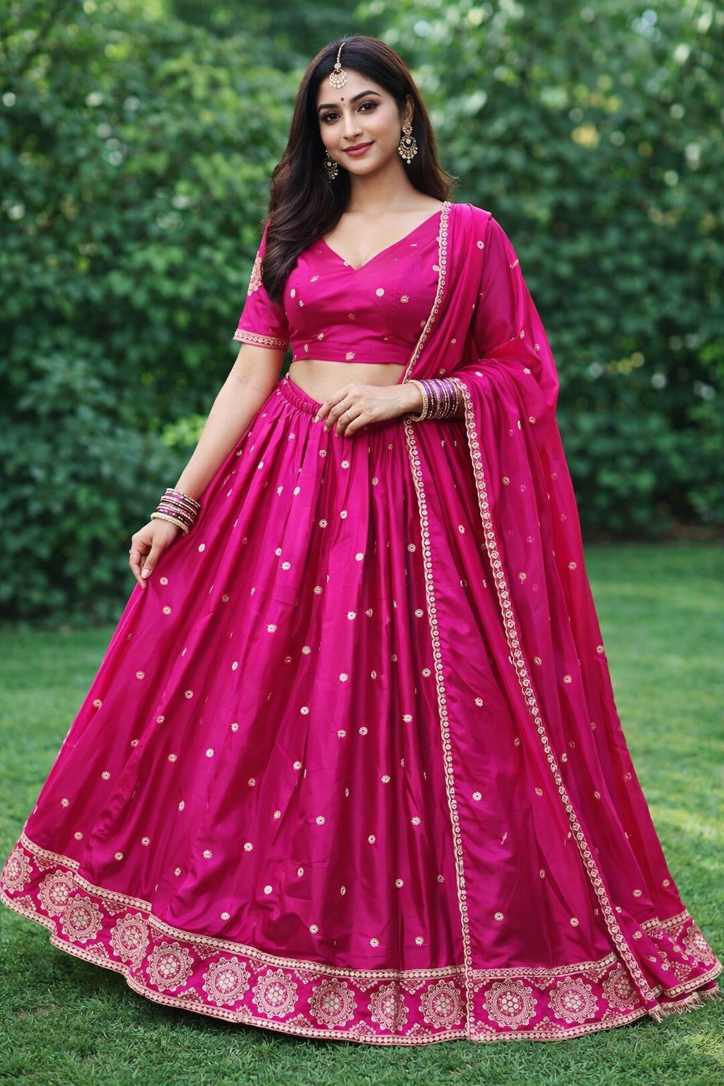 Magenta - Silky Lehenga Set - Mehndi / Sangeet / Bridesmaids / Weddings / Garba  - Size UK 12 (38" Bust) Adjustable to Size 14 - UK Stock - 24h Dispatch - AF2602 02TY26
