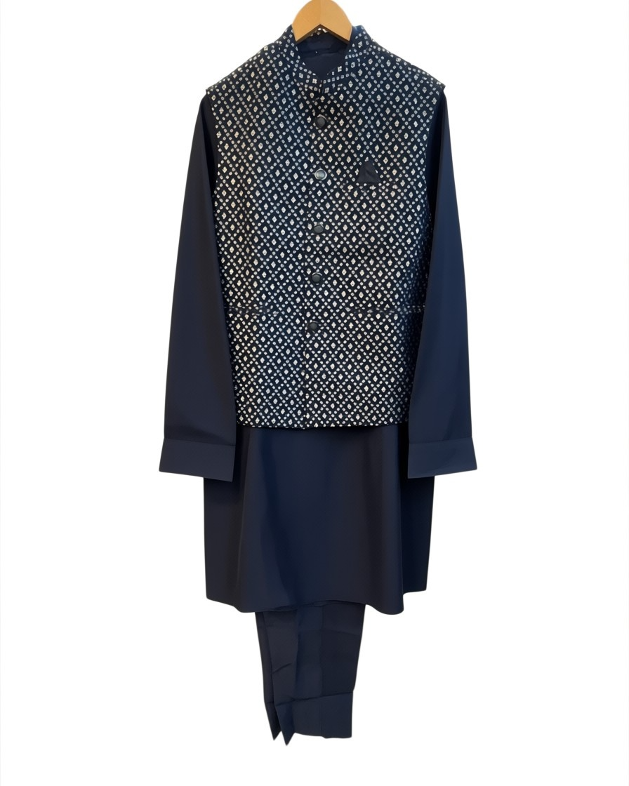 Navy Blue - Mens Kurta Set with Rich Brocade Waistcoat  - UK Stock - Quick Dispatch - SHU2609 05VV26