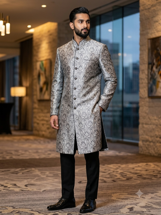 Sale! Mens Indian Light Sherwani set in Black / Silver Brocade for weddings, Bollywood Party ( with Draw stringed trousers) - DD180801JV