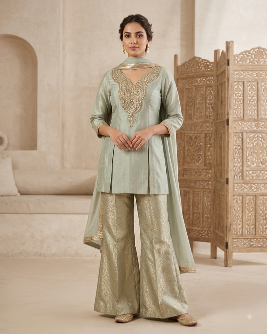 Size 12 (38") - Sage Green - Designer Ladies Mid Length Top Palazzo Trousers Suit - VMK Zareen RY