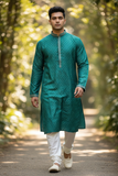 Green - Banarasi Handloom Brocade Mens Indian Kurta set with Trousers - UK Stock - Weddings / Walimas , Sangeet, Diwali, Eid, Mehndi / Henna - YD2601 03VV26