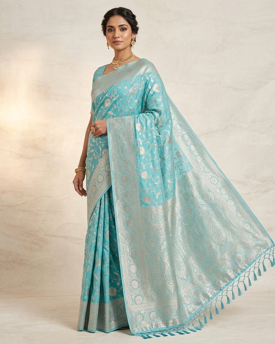 Light Turquoise - Traditional Handloom Saree with Blouse Piece - UK stock - 24hr Dispatch - SP2628 KR