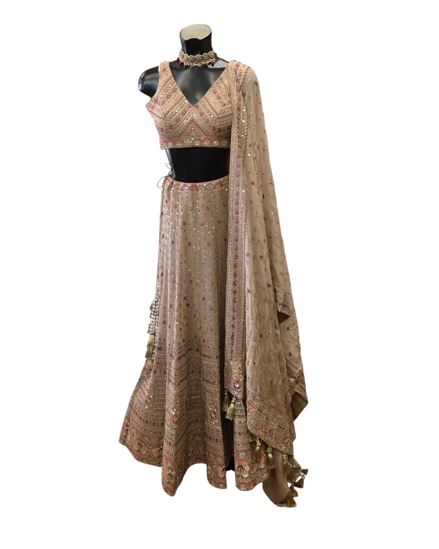 Light Brown - Delicately Embroidered Chiffon Designer Lehenga Set - UK 8-10, UK Stock - 24h Dispatch - NE2403 KKP 0724