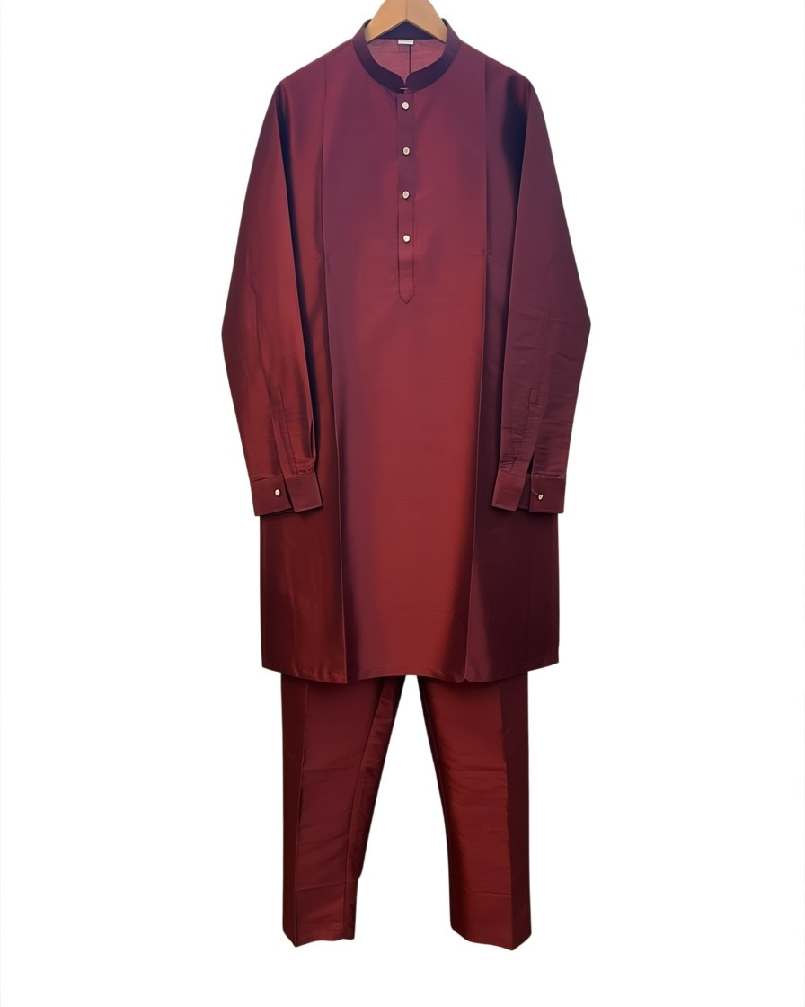 Maroon - Plain Silky Mens Indian Kurta set with Trousers - UK Stock - Weddings / Walimas , Sangeet, Diwali, Eid, Mehndi / Henna - EM66 05KJ26