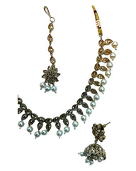 Pearl - Medium Size Antique Gold Finish Necklace Set with Earrings & Head Piece - KAJ1054 08A25