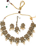 Gold / Neutral - Medium Size Antique Gold Finish Necklace Set with Earrings - JE04  A 0424