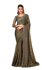 Mehendi Green - Crepe Silky Saree with Fancy Ready made Blouse - ANM12008 VC 1123