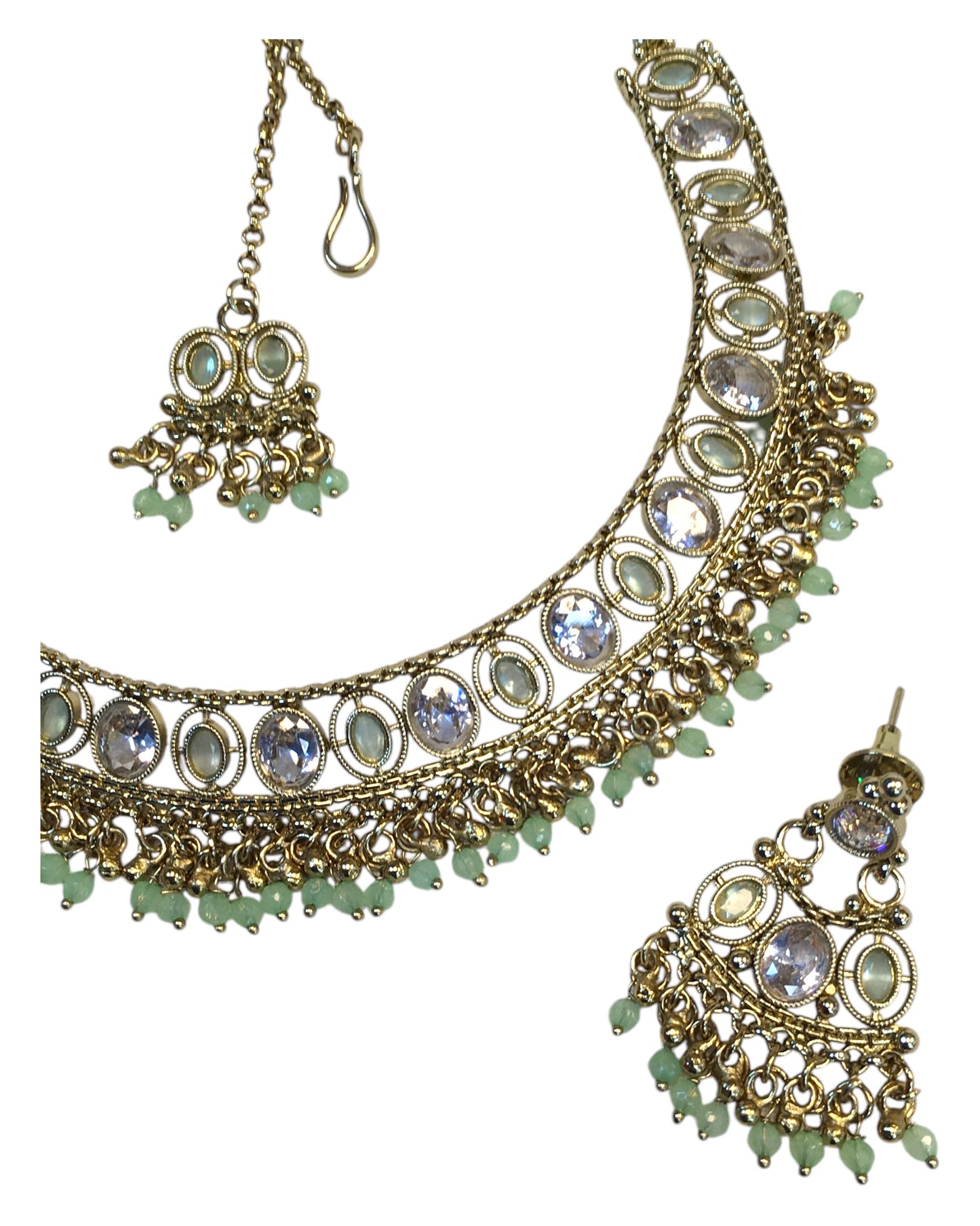Mint Green - Antique Gold Finish Necklace & Earrings Set - Bollywood - Weddings - DAJ547 11KV24