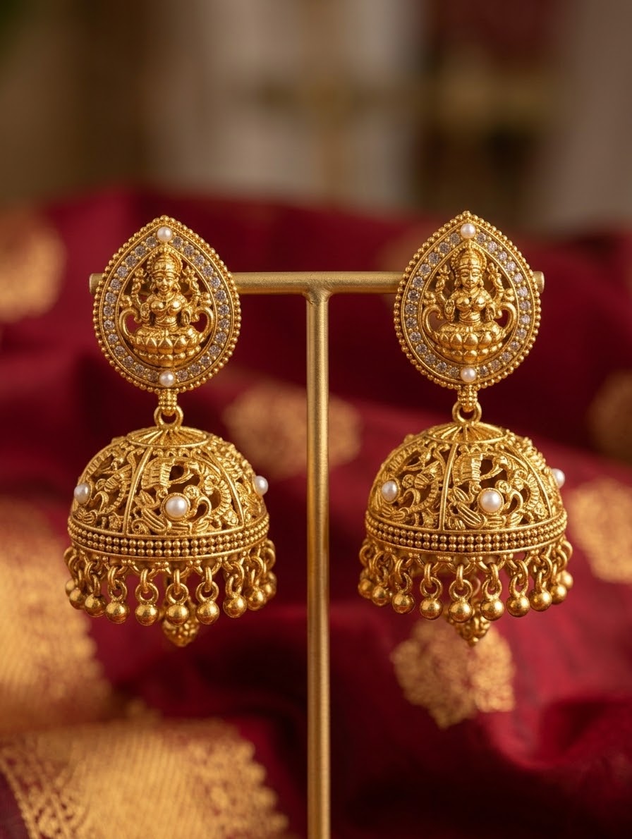 Gold Finish Temple Lakshmi & Peafowl Jhumka Earrings    - Bollywood - Weddings - 15ER221 09Ap26