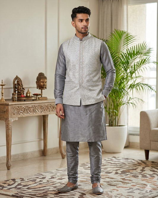 Silver / Pastel - Grey - All Over Embroidered - Mens Indian Waistcoat - UK Stock - 24 hr Dispatch - KCS4835 06KA26