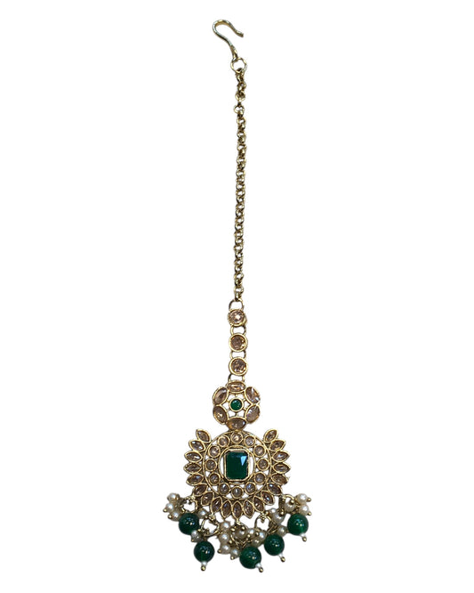 Green - Large - Antique Gold Finish Traditional Tika Head piece - Bollywood - Weddings - PRI1773  11V24