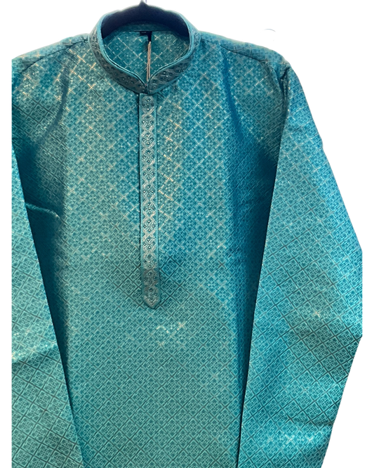 Turquoise Blue - Men’s Embroidered Jacquard Kurta Set with Trousers - UK Stock - Weddings / Walimas , Sangeet, Diwali, Eid, Mehndi / Henna - VEE3045 VK