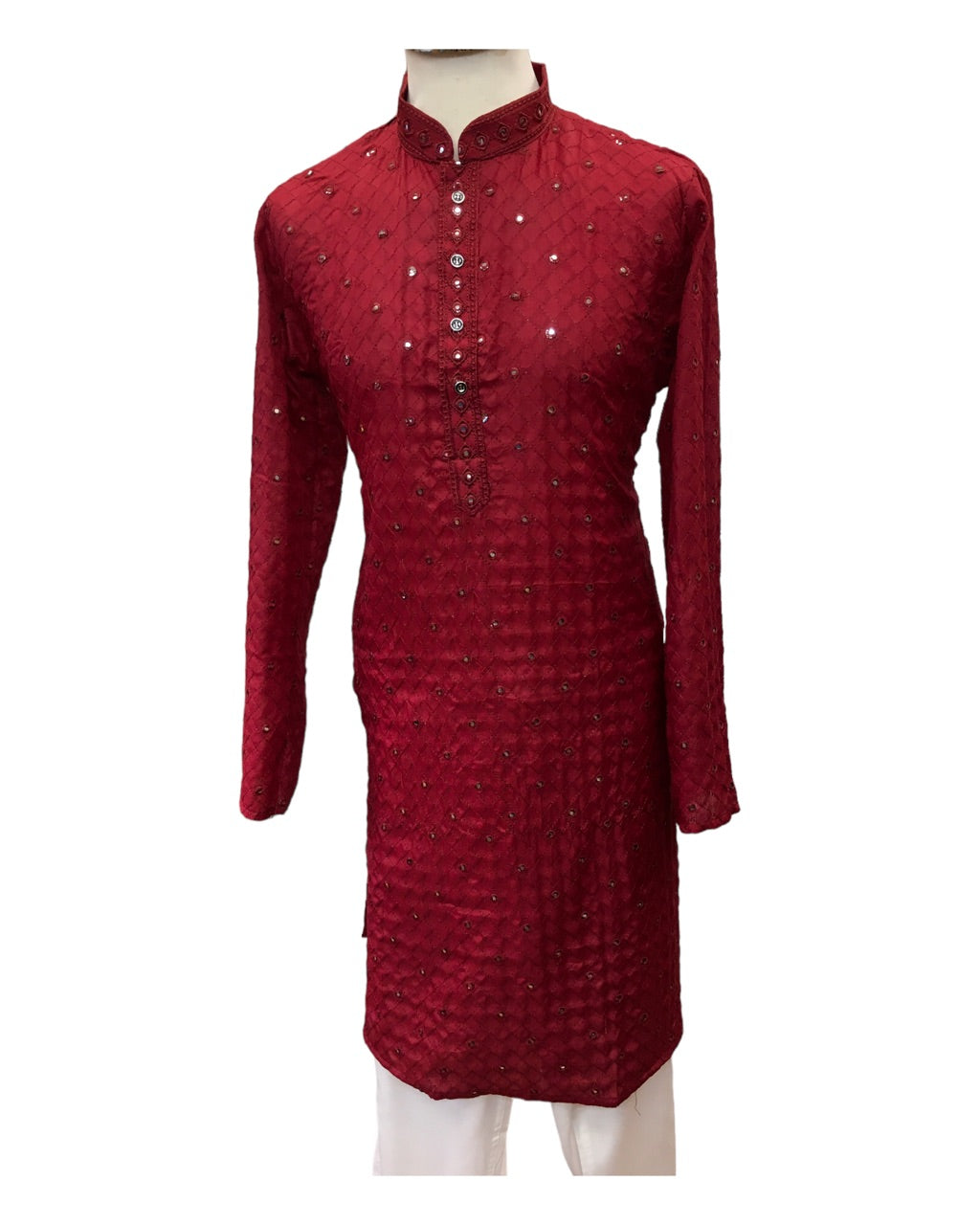 Maroon - Linen Mirror Work Mens Kurta Set - Sangeet Mehendi Haldi - NY23067KT 1123